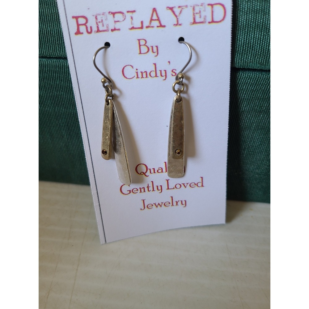 Two Toned Hammered Silver And Gold Tone Dangle Earrings Crystal Accent